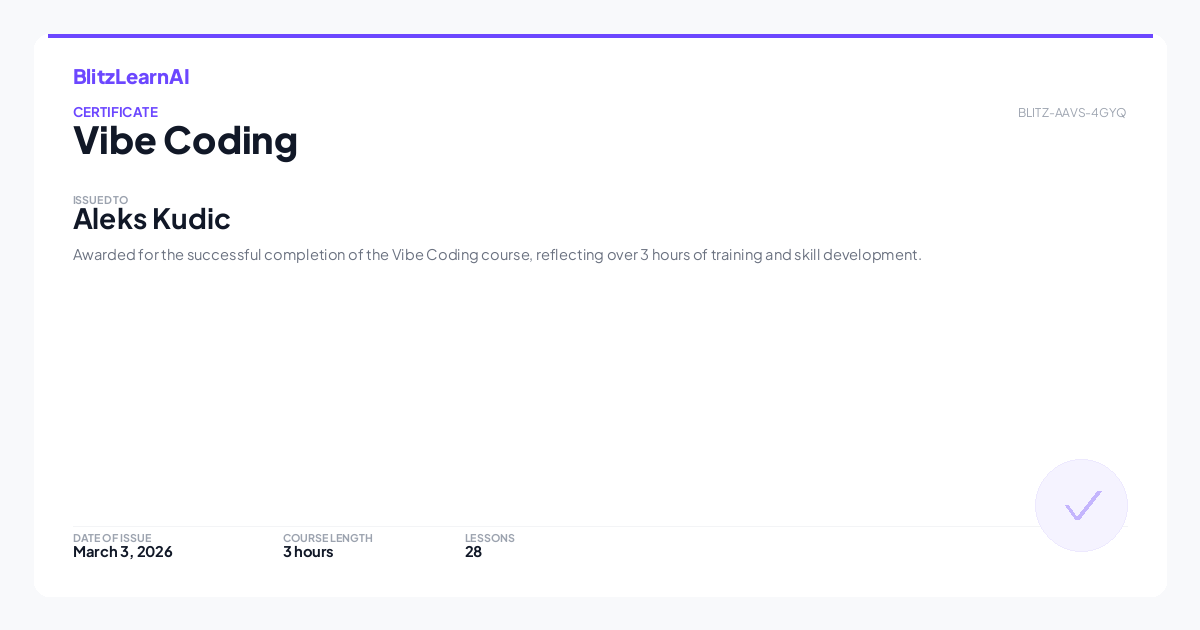 Example BlitzLearnAI certificate for the Vibe Coding course